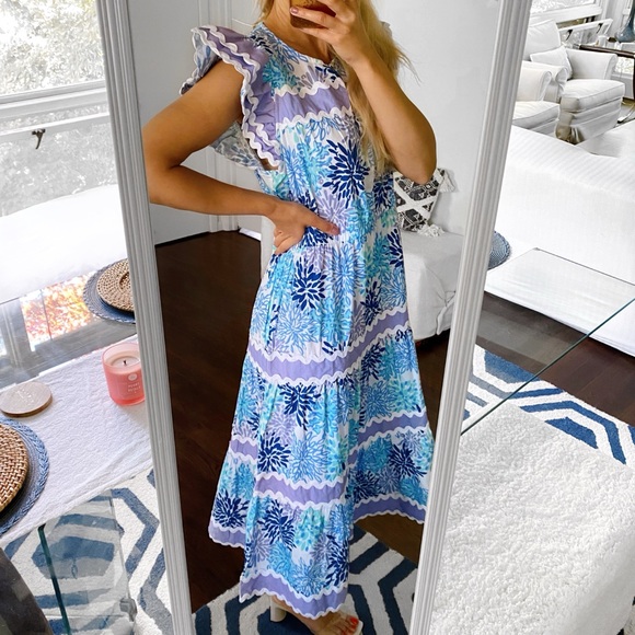 🩵 SAIL TO SABLE PURPLE BLUE WHITE RUFFLE SLEEVE RIC RACK TRIM MIDI DRESS! - Picture 3 of 14